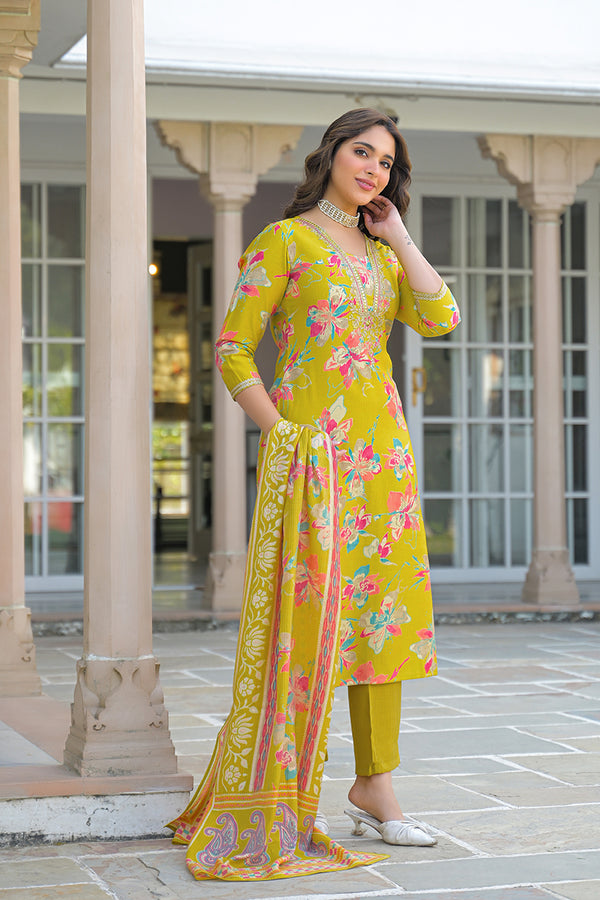 Yellow Viscose Floral Printed Straight Kurta Trousers With Dupatta PKSKD3153