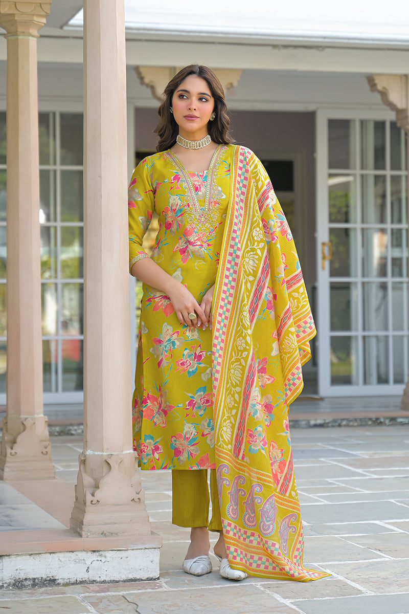 Yellow Viscose Floral Printed Straight Kurta Trousers With Dupatta PKSKD3153