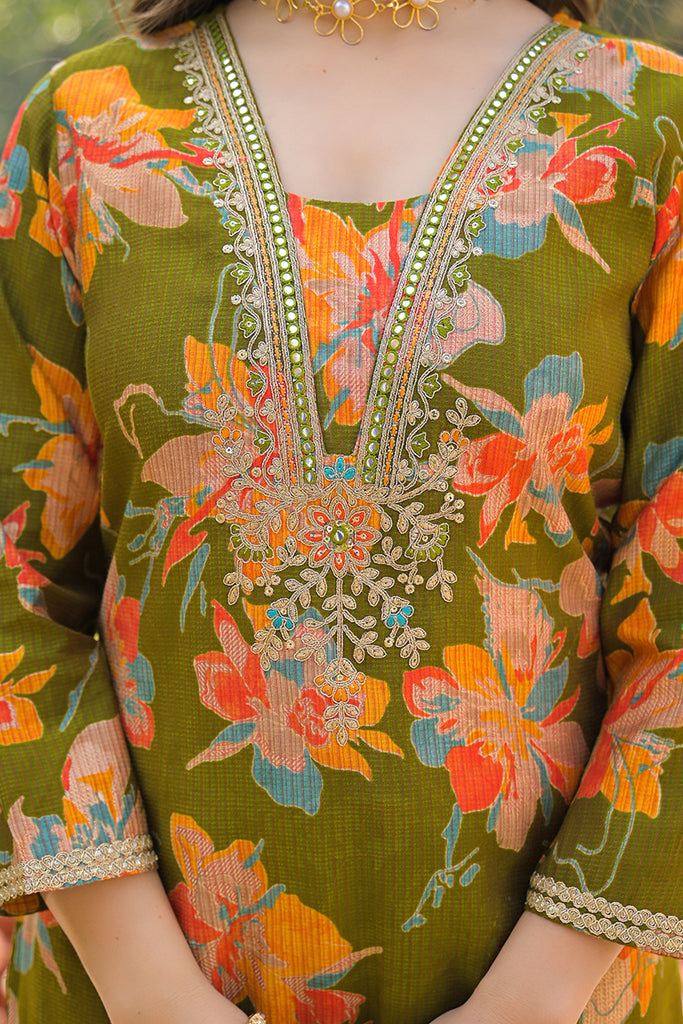 Green Viscose Floral Printed Straight Kurta Trousers With Dupatta PKSKD3154
