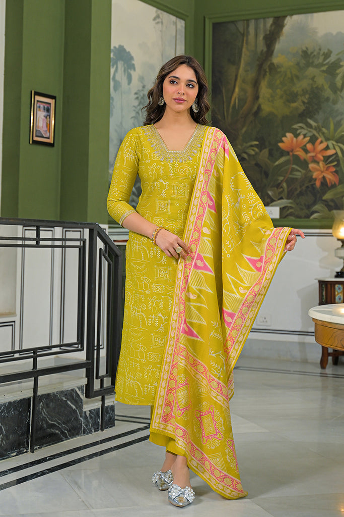 Yellow Viscose Ethnic Motifs Printed Straight Kurta Trousers With Dupatta PKSKD3155