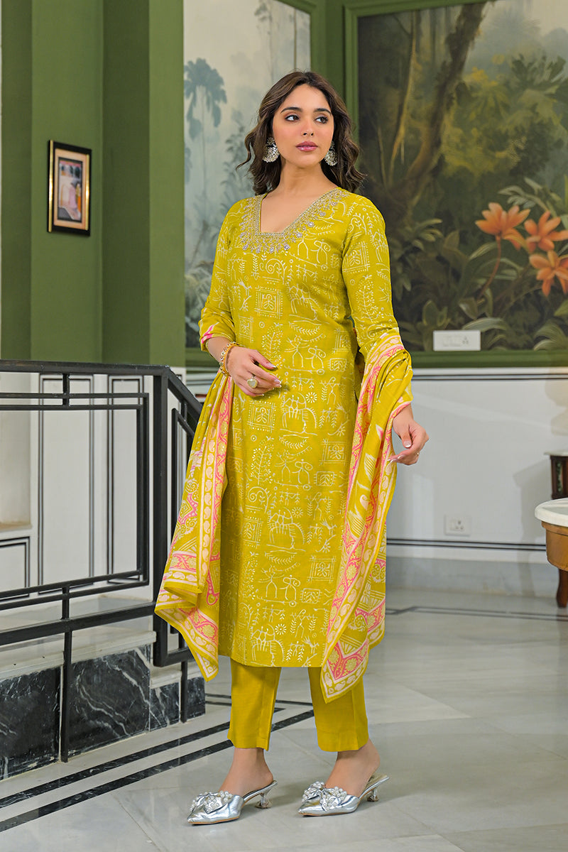 Yellow Viscose Ethnic Motifs Printed Straight Kurta Trousers With Dupatta PKSKD3155
