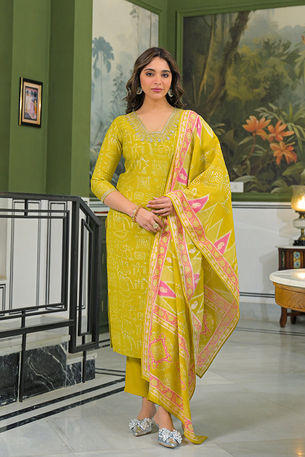 Yellow Viscose Ethnic Motifs Printed Straight Kurta Trousers With Dupatta PKSKD3155