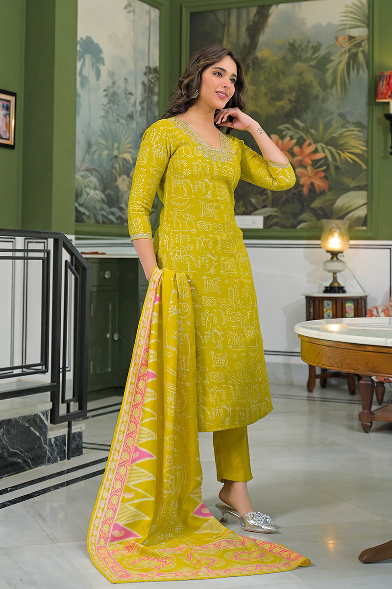 Yellow Viscose Ethnic Motifs Printed Straight Kurta Trousers With Dupatta PKSKD3155