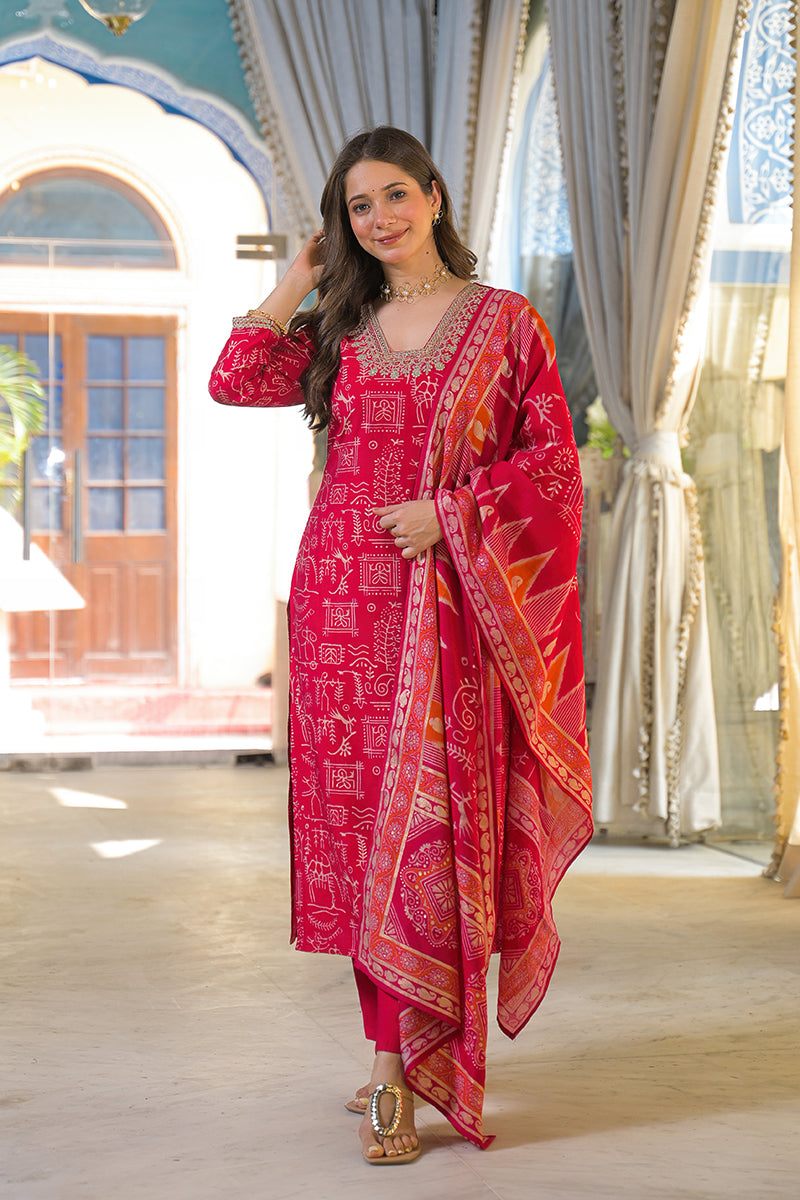 Red Viscose Ethnic Motifs Printed Straight Kurta Trousers With Dupatta PKSKD3156