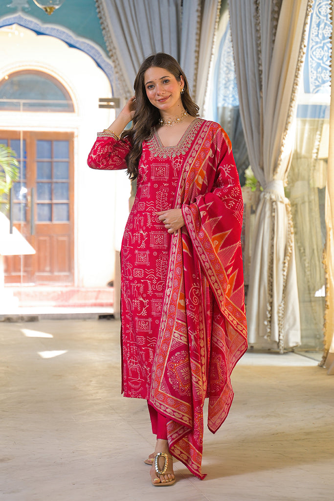 Red Viscose Ethnic Motifs Printed Straight Kurta Trousers With Dupatta PKSKD3156