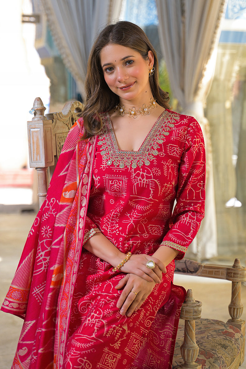 Red Viscose Ethnic Motifs Printed Straight Kurta Trousers With Dupatta PKSKD3156