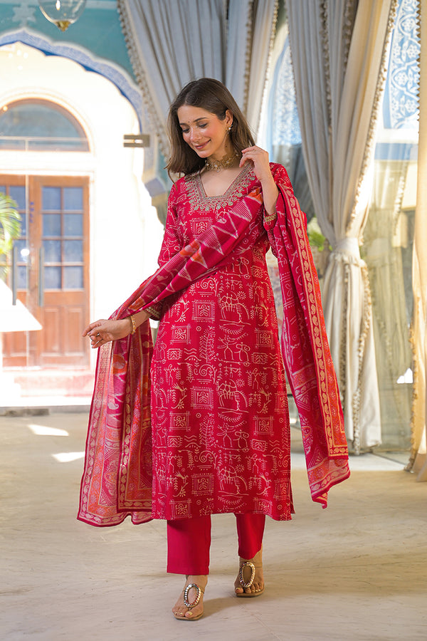 Red Viscose Ethnic Motifs Printed Straight Kurta Trousers With Dupatta PKSKD3156