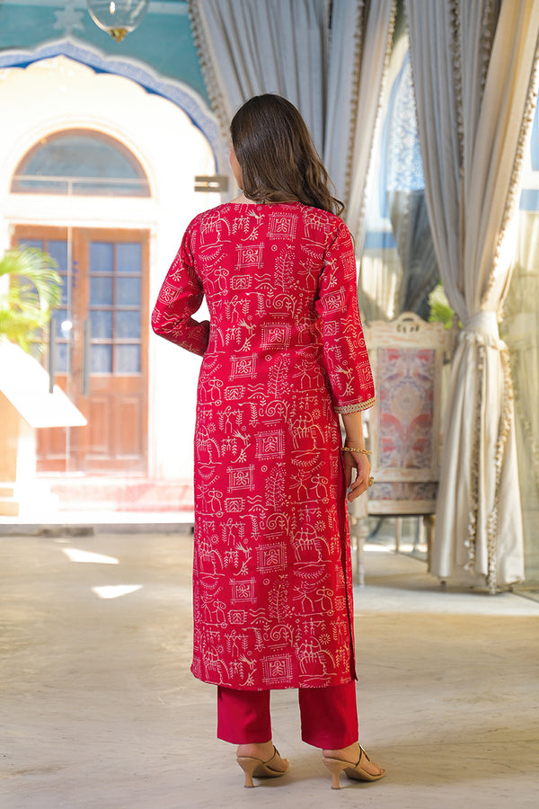 Red Viscose Ethnic Motifs Printed Straight Kurta Trousers With Dupatta PKSKD3156