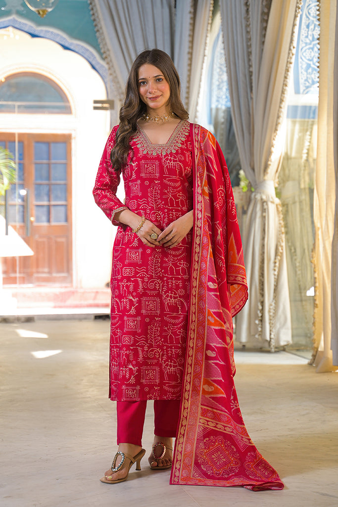 Red Viscose Ethnic Motifs Printed Straight Kurta Trousers With Dupatta PKSKD3156