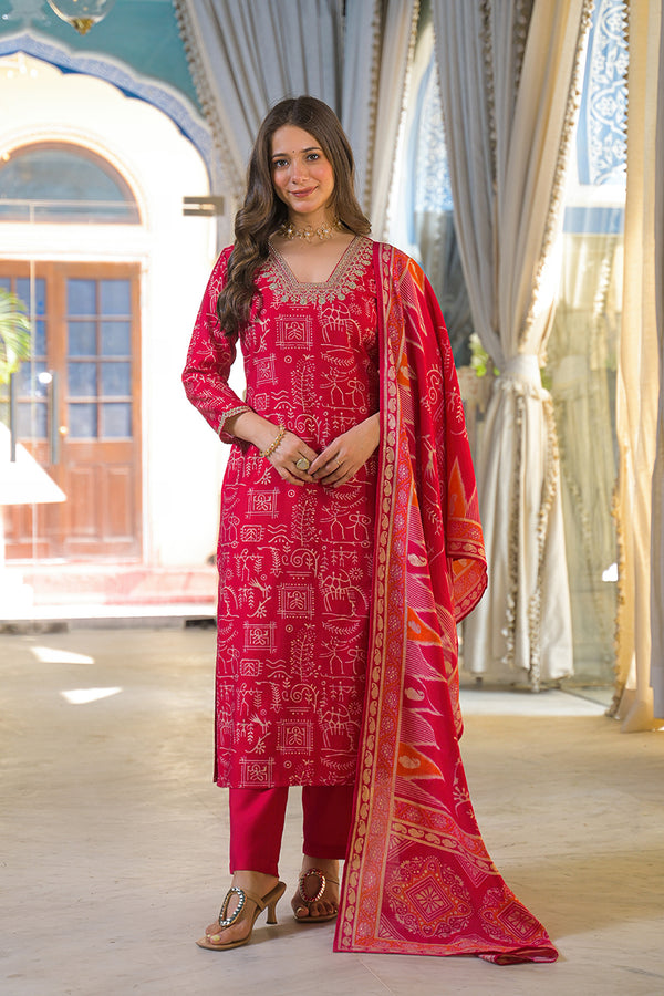 Red Viscose Ethnic Motifs Printed Straight Kurta Trousers With Dupatta PKSKD3156