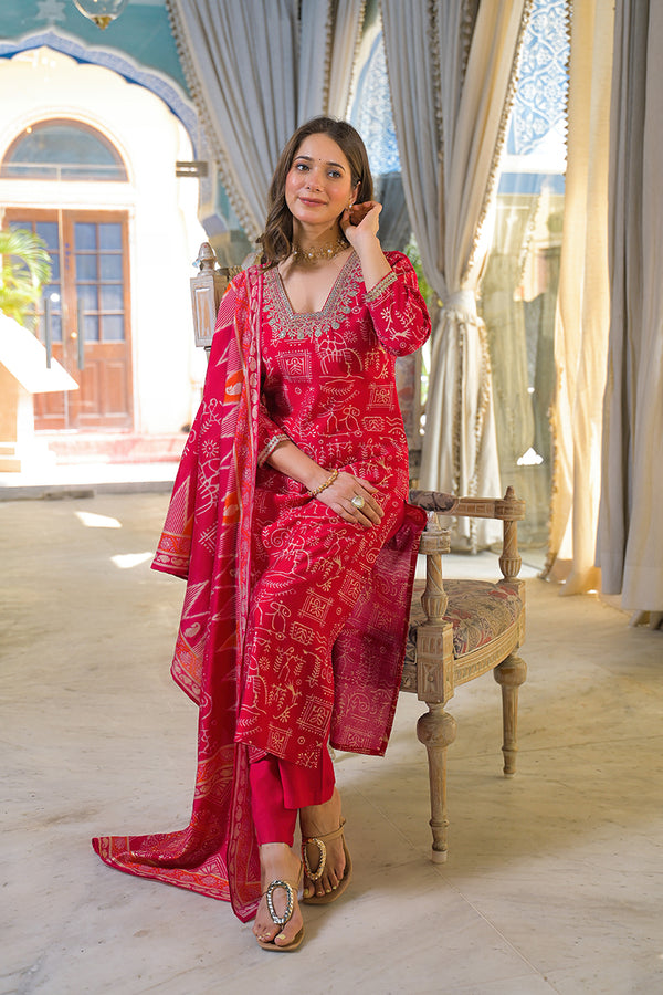 Red Viscose Ethnic Motifs Printed Straight Kurta Trousers With Dupatta PKSKD3156