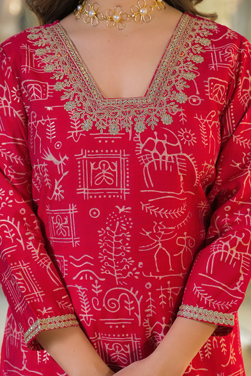 Red Viscose Ethnic Motifs Printed Straight Kurta Trousers With Dupatta PKSKD3156