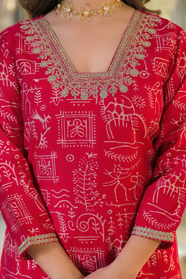 Red Viscose Ethnic Motifs Printed Straight Kurta Trousers With Dupatta PKSKD3156