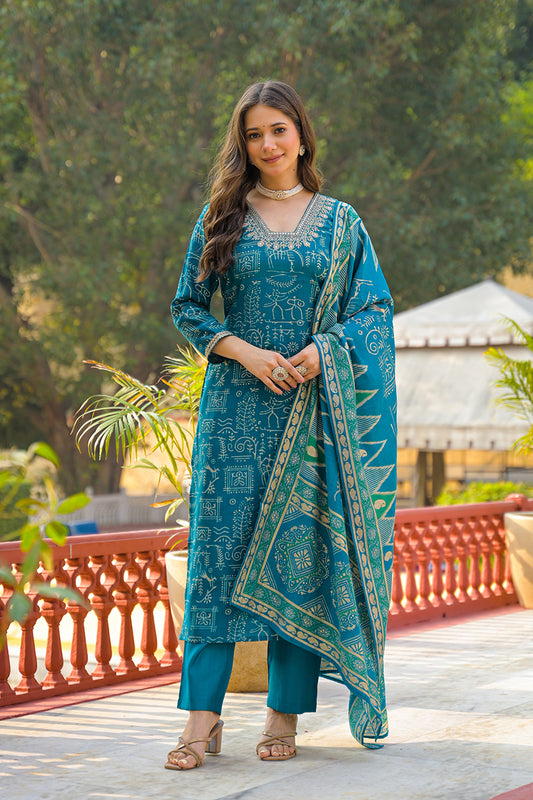 Blue Viscose Ethnic Motifs Printed Straight Kurta Trousers With Dupatta PKSKD3157