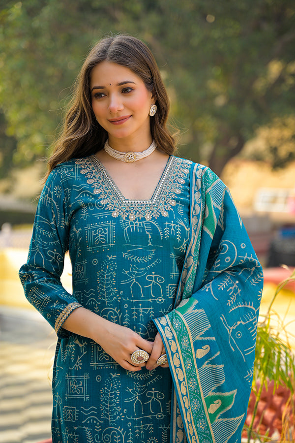 Blue Viscose Ethnic Motifs Printed Straight Kurta Trousers With Dupatta PKSKD3157