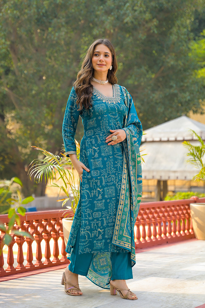 Blue Viscose Ethnic Motifs Printed Straight Kurta Trousers With Dupatta PKSKD3157