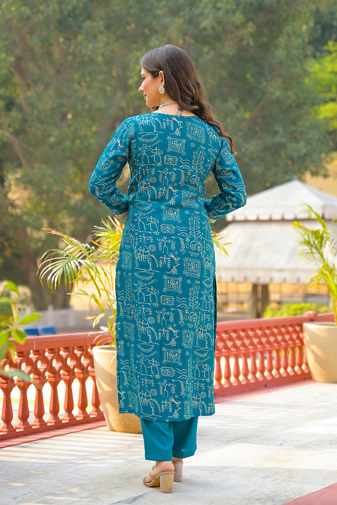 Blue Viscose Ethnic Motifs Printed Straight Kurta Trousers With Dupatta PKSKD3157