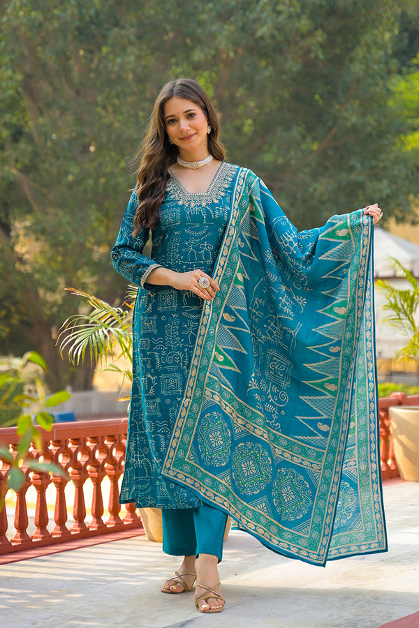Blue Viscose Ethnic Motifs Printed Straight Kurta Trousers With Dupatta PKSKD3157