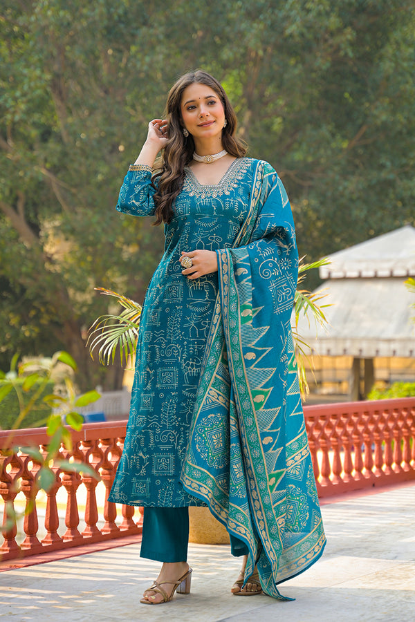 Blue Viscose Ethnic Motifs Printed Straight Kurta Trousers With Dupatta PKSKD3157