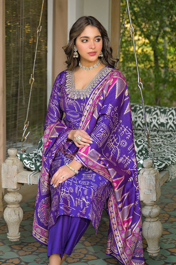 Purple Viscose Ethnic Motifs Printed Straight Kurta Trousers With Dupatta PKSKD3158