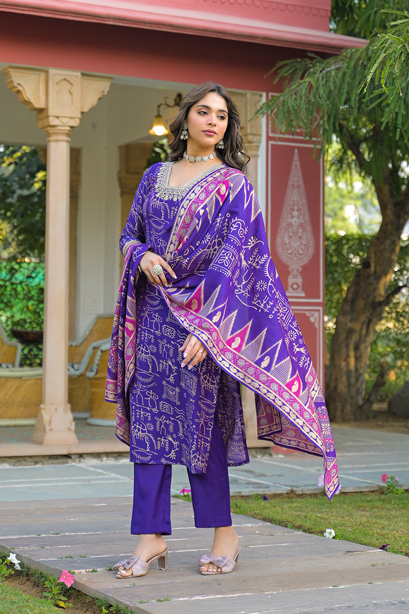 Purple Viscose Ethnic Motifs Printed Straight Kurta Trousers With Dupatta PKSKD3158