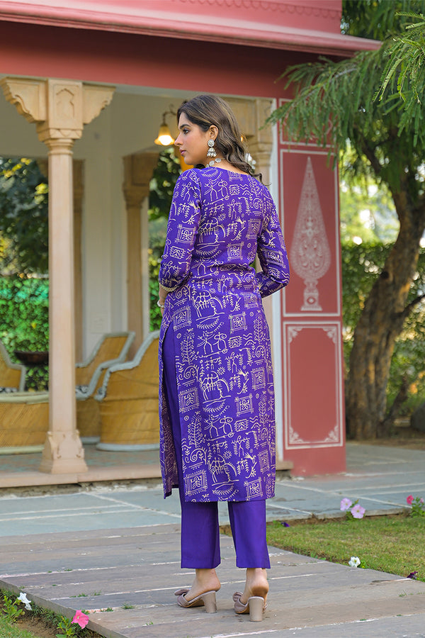 Purple Viscose Ethnic Motifs Printed Straight Kurta Trousers With Dupatta PKSKD3158