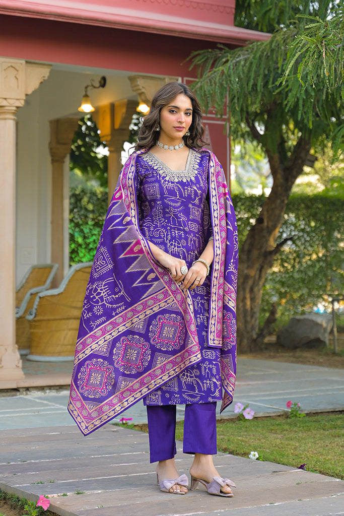 Purple Viscose Ethnic Motifs Printed Straight Kurta Trousers With Dupatta PKSKD3158