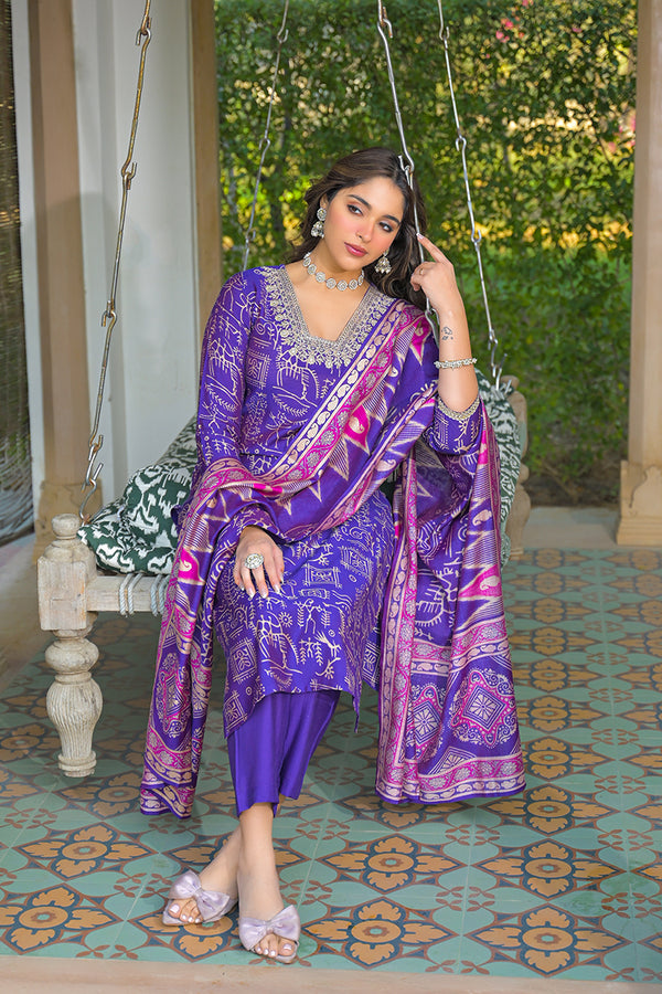 Purple Viscose Ethnic Motifs Printed Straight Kurta Trousers With Dupatta PKSKD3158
