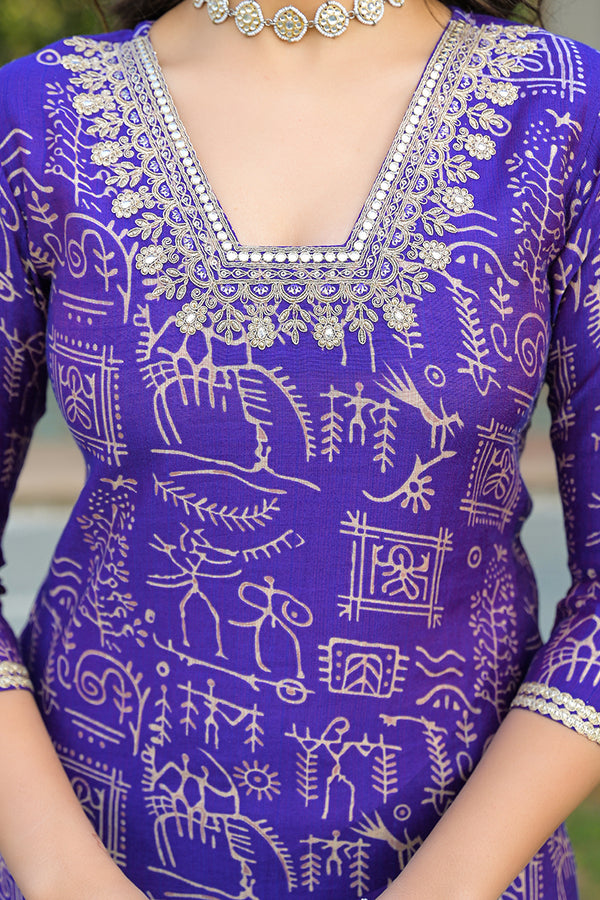 Purple Viscose Ethnic Motifs Printed Straight Kurta Trousers With Dupatta PKSKD3158