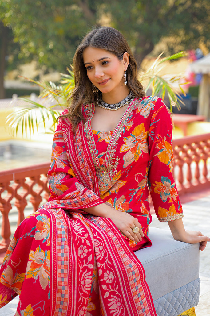 Red Viscose Floral Printed Straight Kurta Trousers With Dupatta PKSKD3159