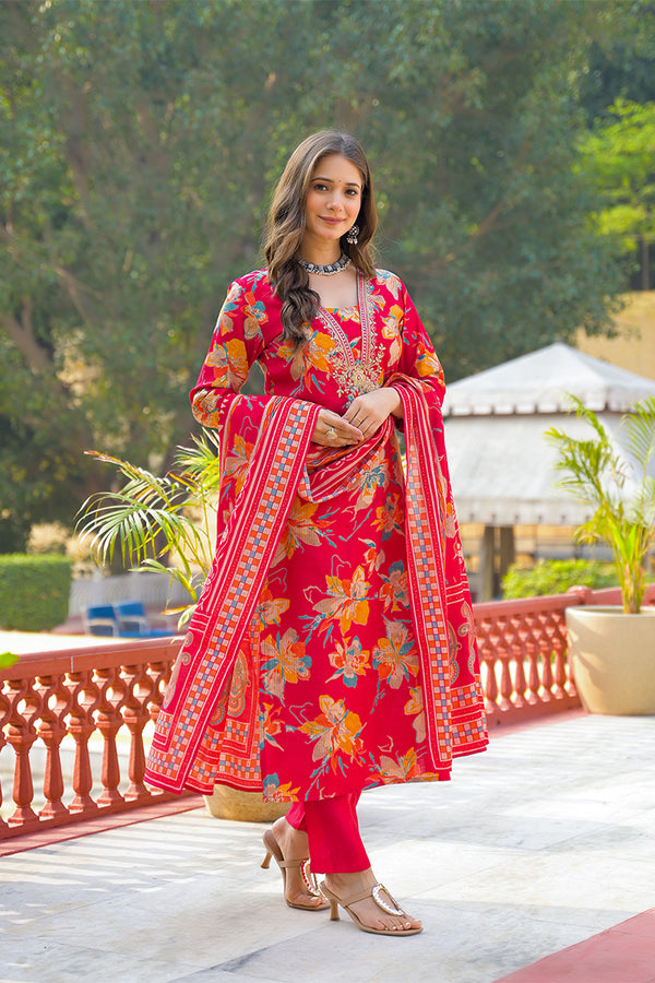 Red Viscose Floral Printed Straight Kurta Trousers With Dupatta PKSKD3159