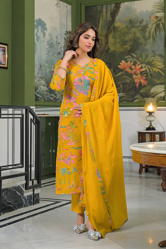 Mustard Viscose Rayon Embroidered Straight Kurta Trousers With Dupatta PKSKD3161