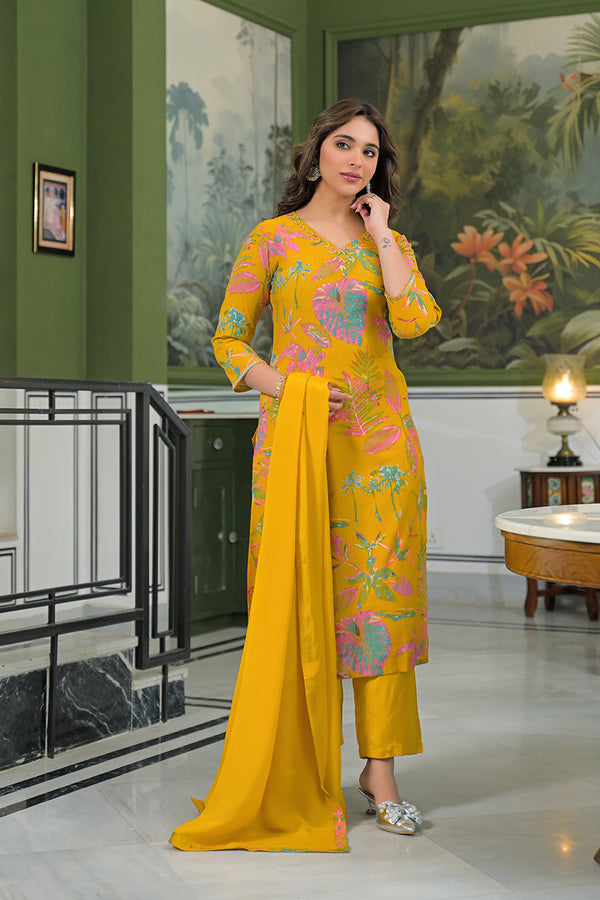 Mustard Viscose Rayon Embroidered Straight Kurta Trousers With Dupatta PKSKD3161
