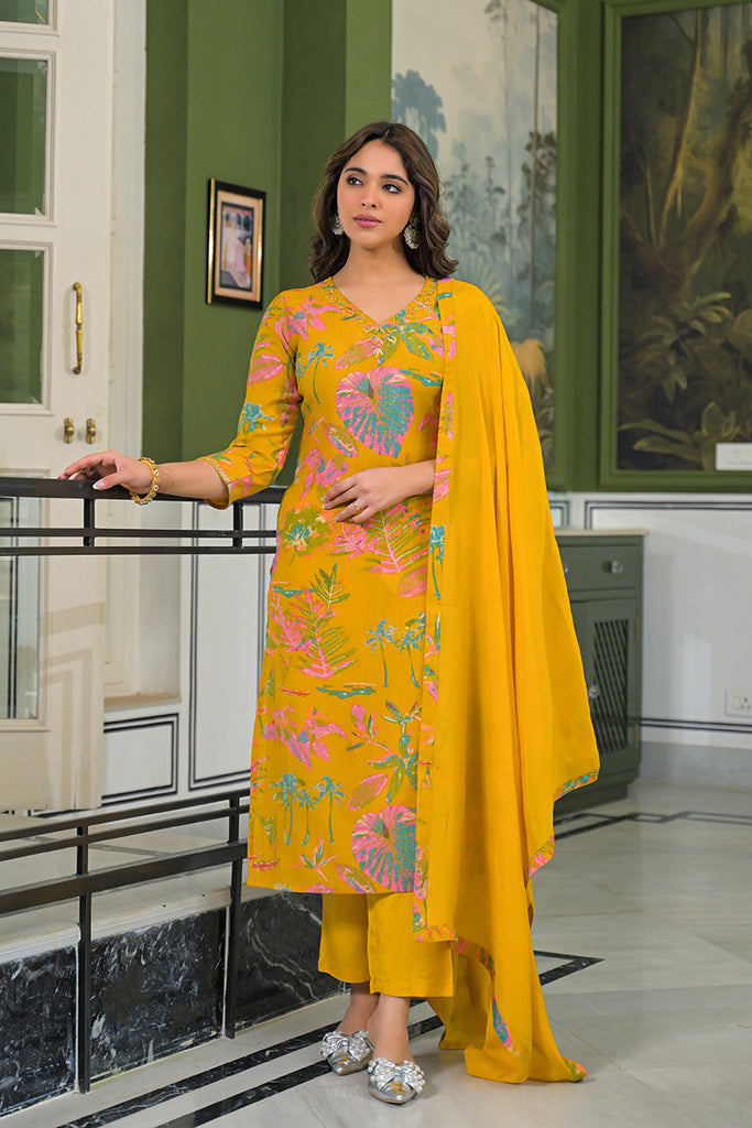 Mustard Viscose Rayon Embroidered Straight Kurta Trousers With Dupatta PKSKD3161