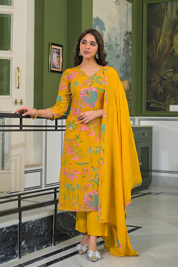 Mustard Viscose Rayon Embroidered Straight Kurta Trousers With Dupatta PKSKD3161