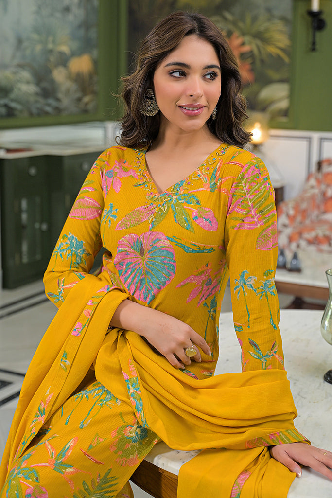 Mustard Viscose Rayon Embroidered Straight Kurta Trousers With Dupatta PKSKD3161