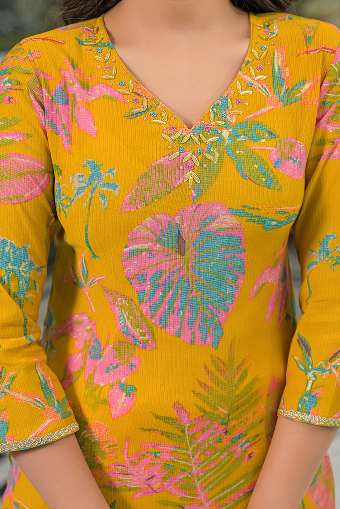 Mustard Viscose Rayon Embroidered Straight Kurta Trousers With Dupatta PKSKD3161