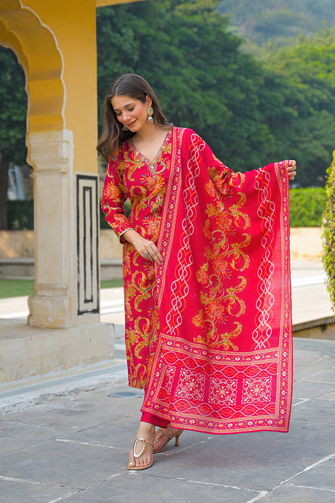 Pink Viscose Rayon Floral Printed Straight Kurta Trousers With Dupatta PKSKD3175