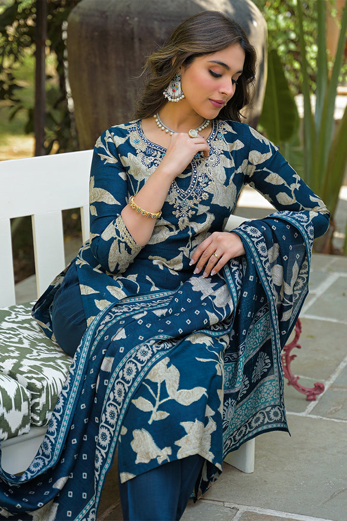 Navy Blue Viscose Rayon Floral Printed Straight Kurta Trousers With Dupatta PKSKD3181