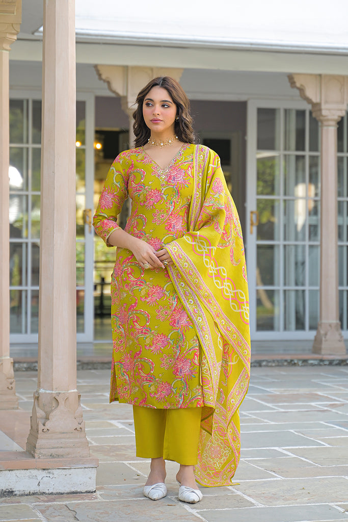 Yellow Viscose Rayon Embroidered Straight Kurta Trousers With Dupatta PKSKD3184