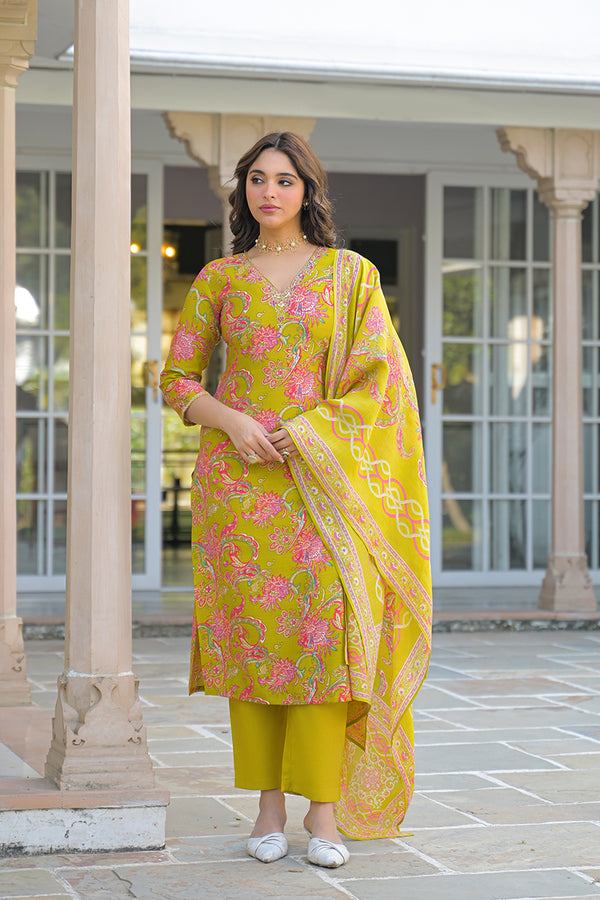 Yellow Viscose Rayon Embroidered Straight Kurta Trousers With Dupatta PKSKD3184