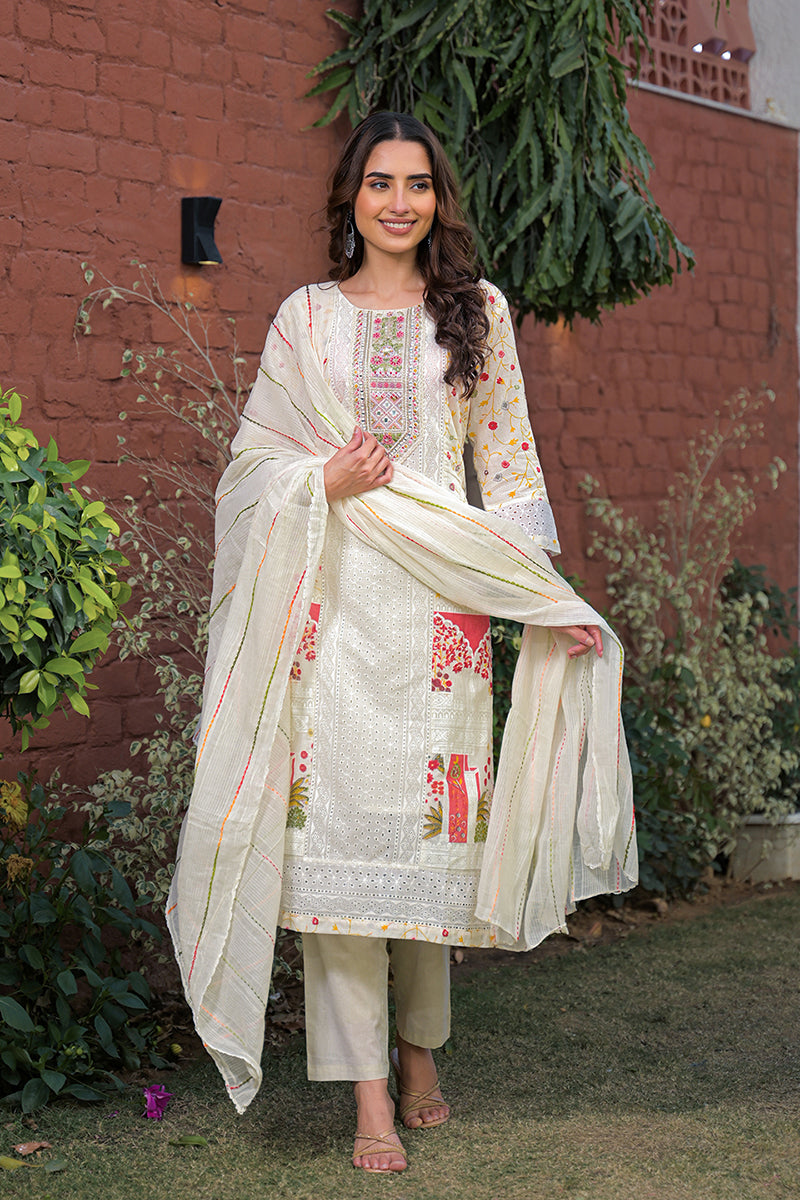 Cream Pure Cotton Ethnic Motifs Printed Straight Kurta Trousers With Dupatta PKSKD3192