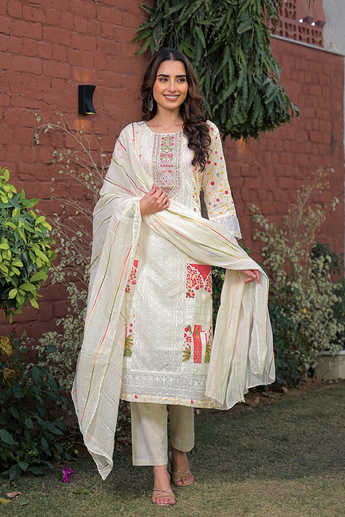 Cream Pure Cotton Ethnic Motifs Printed Straight Kurta Trousers With Dupatta PKSKD3192