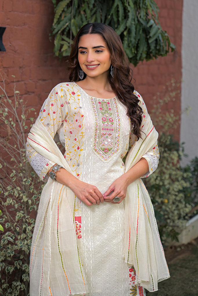 Cream Pure Cotton Ethnic Motifs Printed Straight Kurta Trousers With Dupatta PKSKD3192