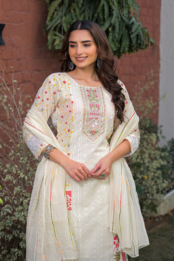 Cream Pure Cotton Ethnic Motifs Printed Straight Kurta Trousers With Dupatta PKSKD3192