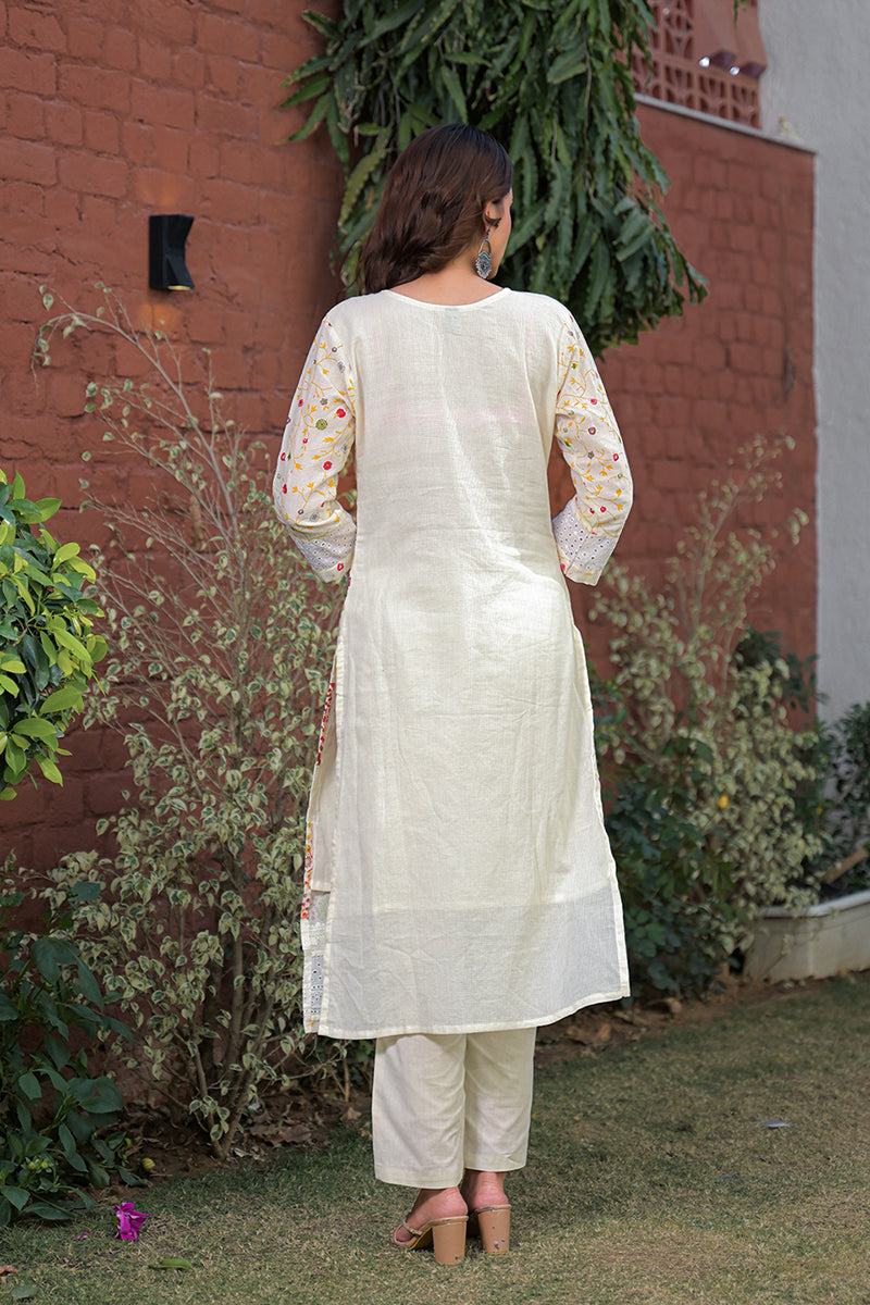 Cream Pure Cotton Ethnic Motifs Printed Straight Kurta Trousers With Dupatta PKSKD3192