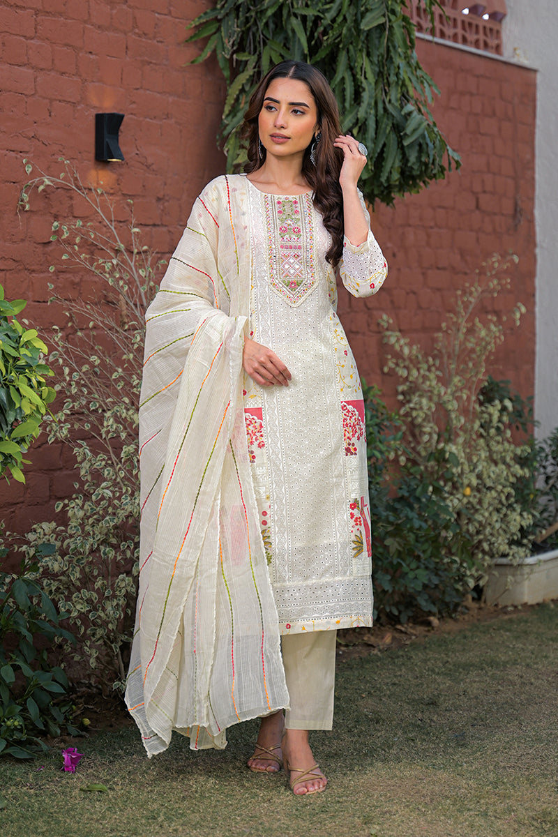 Cream Pure Cotton Ethnic Motifs Printed Straight Kurta Trousers With Dupatta PKSKD3192