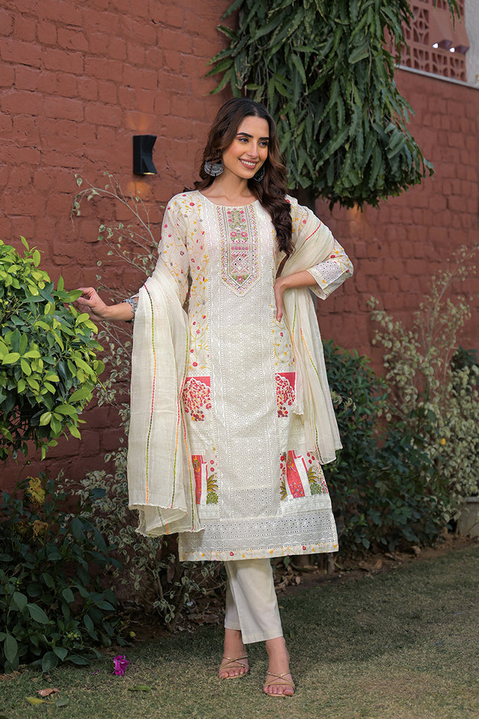 Cream Pure Cotton Ethnic Motifs Printed Straight Kurta Trousers With Dupatta PKSKD3192