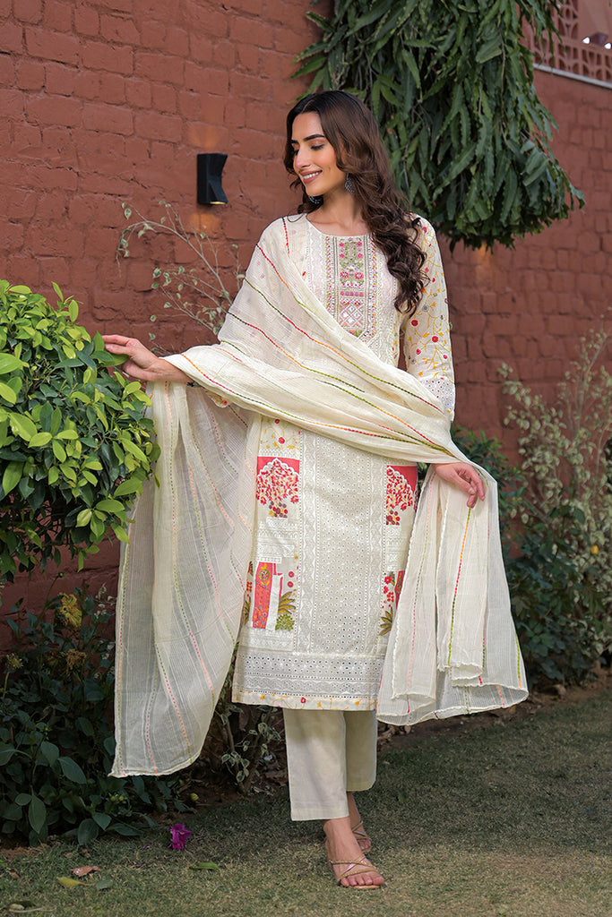 Cream Pure Cotton Ethnic Motifs Printed Straight Kurta Trousers With Dupatta PKSKD3192