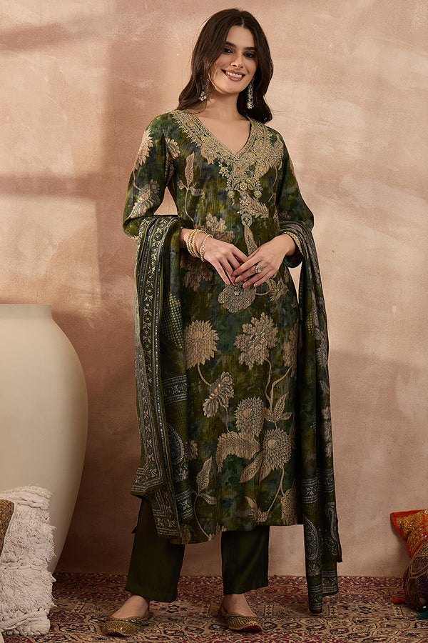 Green Polyester Floral Printed Straight Kurta Trousers With Dupatta PKSKD3206